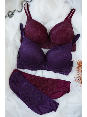 Kadın Bordo Ve Mor Dolgulu Balenli Sütyen Külot 2'li Paket – Modern Ve Şık Tasarım