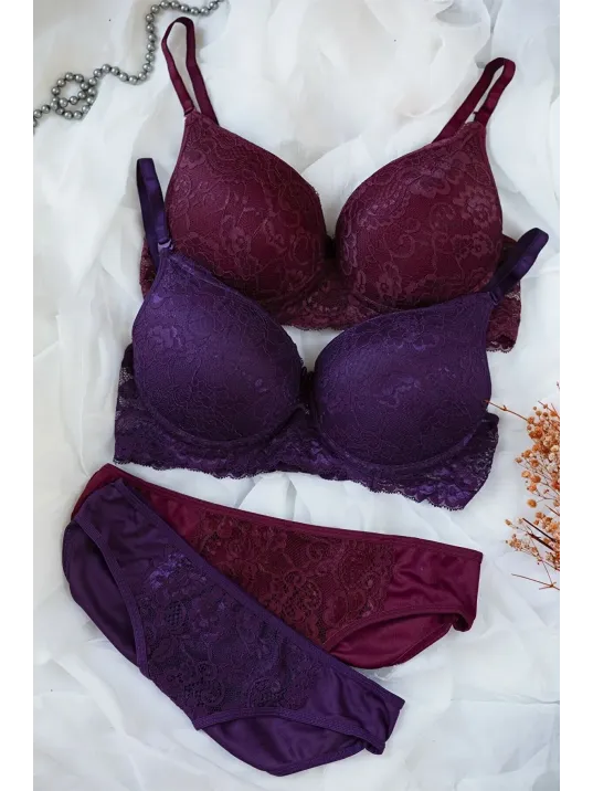 Kadın Bordo Ve Mor Dolgulu Balenli Sütyen Külot 2'li Paket – Modern Ve Şık Tasarım