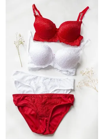 Kadın Kırmızı Ve Beyaz Dolgulu Balenli Sütyen Külot 2'li Paket – Modern Ve Şık Tasarım
