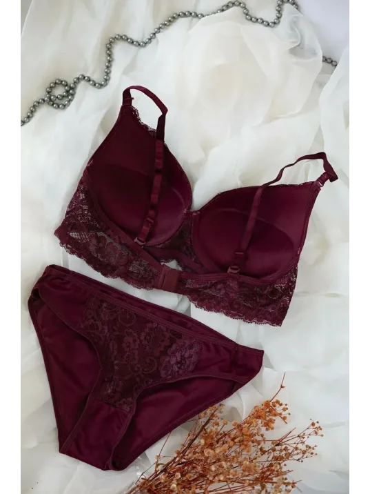 Kadın Bordo Dolgulu Dantel Sütyen Ve Külot Takım – Modern, Konforlu Ve Günlük Kombinlere Uygun