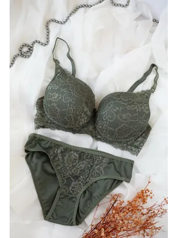 Kadın Haki Yeşili Dolgulu Dantel Sütyen Ve Külot Takım – Modern, Konforlu Ve Günlük Kombinlere Uygun