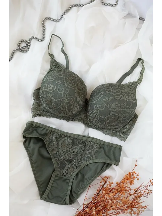 Kadın Haki Yeşili Dolgulu Dantel Sütyen Ve Külot Takım – Modern, Konforlu Ve Günlük Kombinlere Uygun