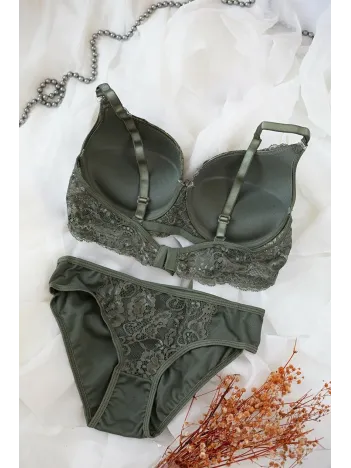 Kadın Haki Yeşili Dolgulu Dantel Sütyen Ve Külot Takım – Modern, Konforlu Ve Günlük Kombinlere Uygun