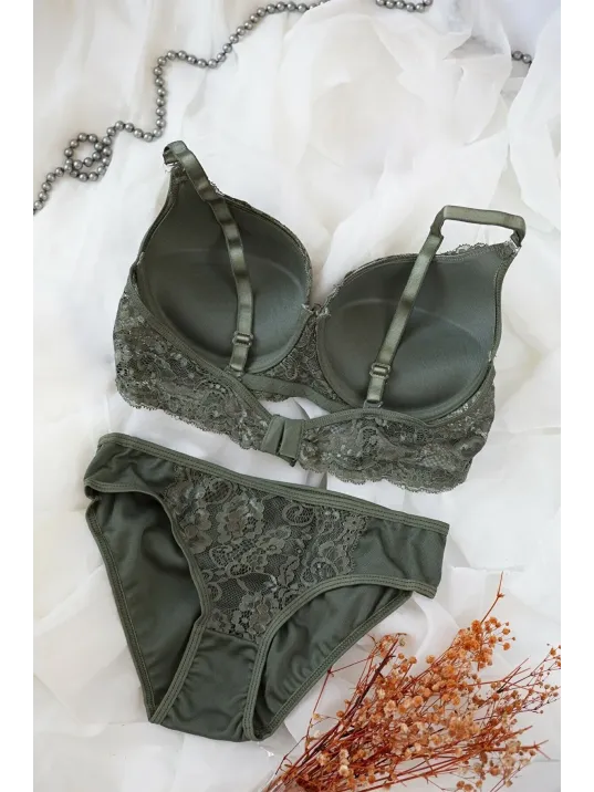 Kadın Haki Yeşili Dolgulu Dantel Sütyen Ve Külot Takım – Modern, Konforlu Ve Günlük Kombinlere Uygun