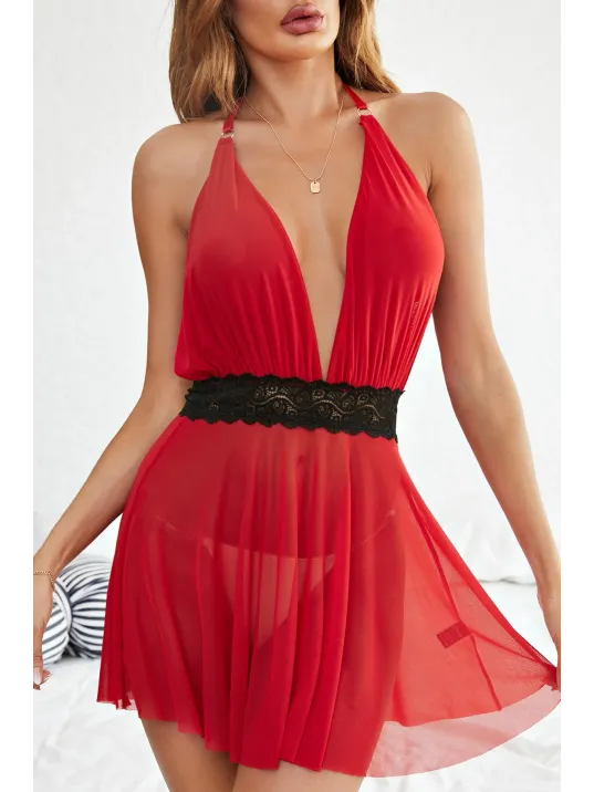 Kadın Kırmızı Beli Dantelli Ve Sırt Dekolteli Özel Gecelik – Modern Ve Şık Tasarım