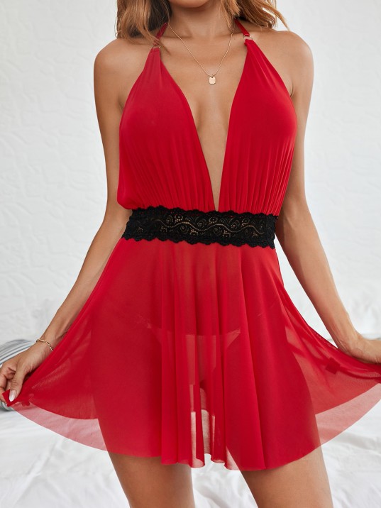 Kadın Kırmızı Beli Dantelli Ve Sırt Dekolteli Özel Gecelik – Modern Ve Şık Tasarım