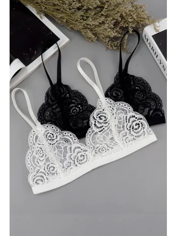 Kadın Siyah Ve Beyaz Dantelli Dolgusuz Sütyen – Modern Ve Şık Tasarım