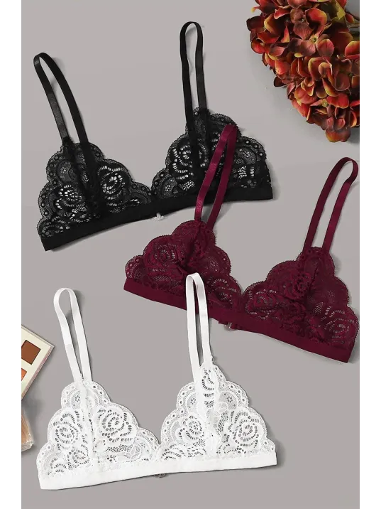 Kadın Siyah, Beyaz Ve Bordo Dantelli Dolgusuz Sütyen – Modern Ve Şık Tasarım