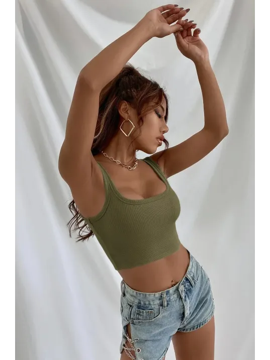 Kadın Haki Yeşili Kalın Askılı Crop Top Büstiyer – Modern Ve Şık Tasarım