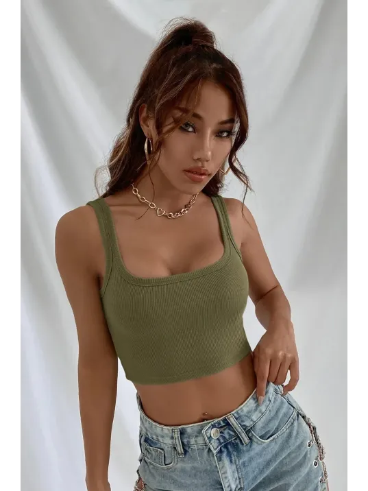 Kadın Haki Yeşili Kalın Askılı Crop Top Büstiyer – Modern Ve Şık Tasarım