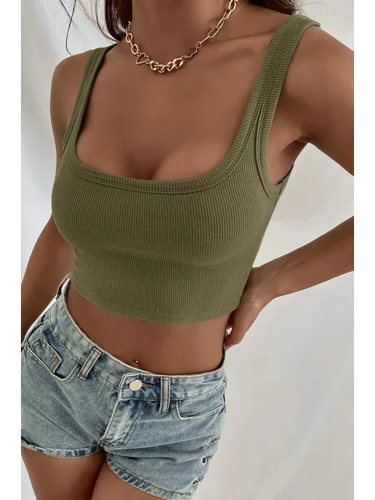 Kadın Haki Yeşili Kalın Askılı Crop Top Büstiyer – Modern Ve Şık Tasarım