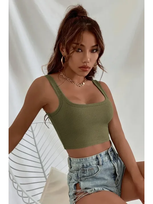 Kadın Haki Yeşili Kalın Askılı Crop Top Büstiyer – Modern Ve Şık Tasarım