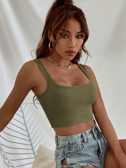 Kadın Haki Yeşili Kalın Askılı Crop Top Büstiyer – Modern ve Şık Tasarım