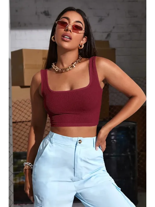 Kadın Bordo Kalın Askılı Crop Top Büstiyer – Modern Ve Şık Tasarım