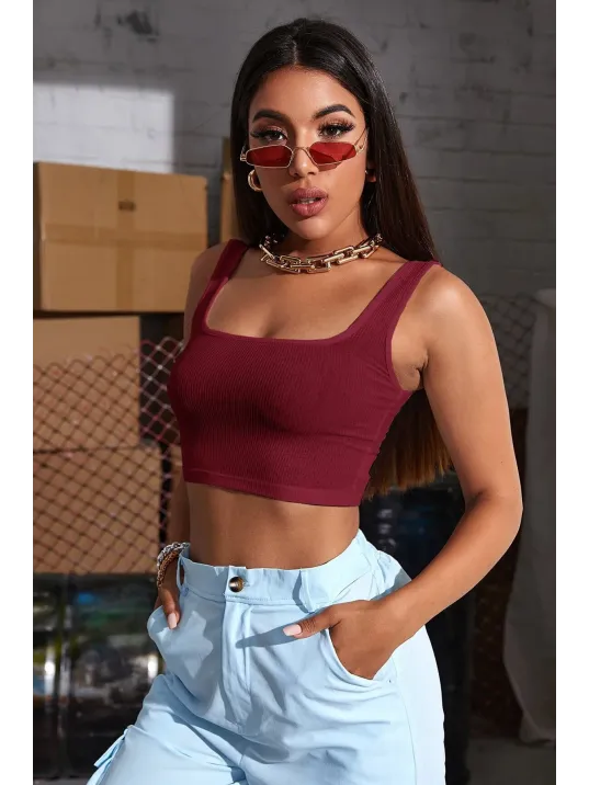 Kadın Bordo Kalın Askılı Crop Top Büstiyer – Modern Ve Şık Tasarım