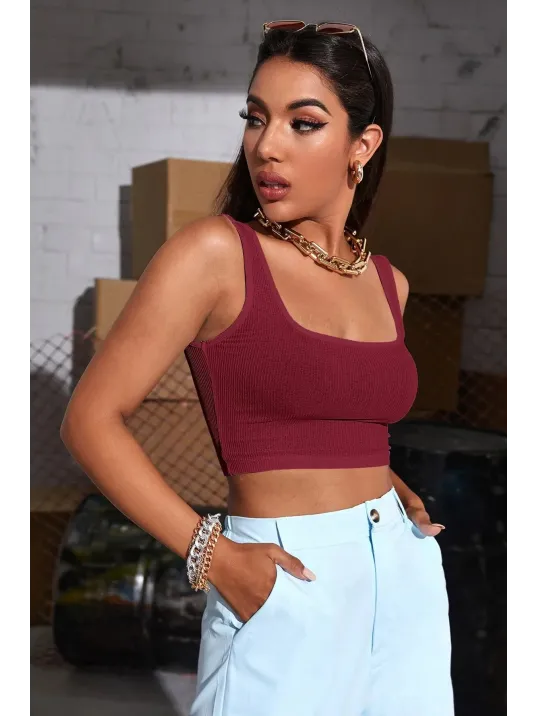 Kadın Bordo Kalın Askılı Crop Top Büstiyer – Modern Ve Şık Tasarım