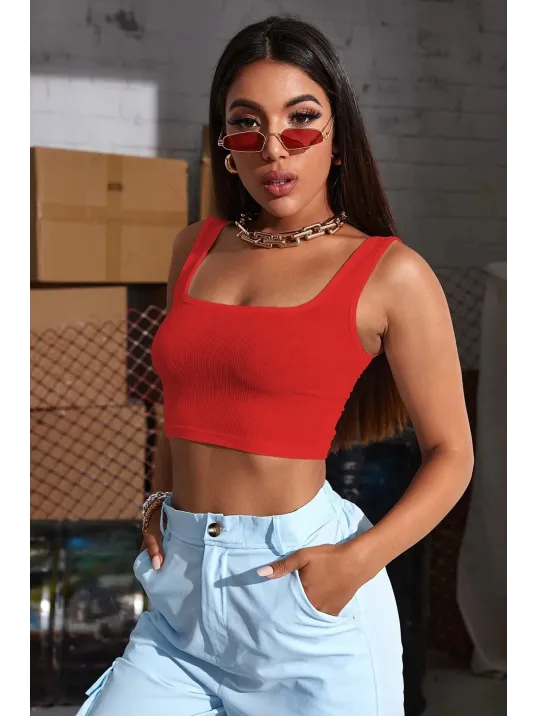 Kadın Kırmızı Kalın Askılı Crop Top Büstiyer – Modern Ve Şık Tasarım