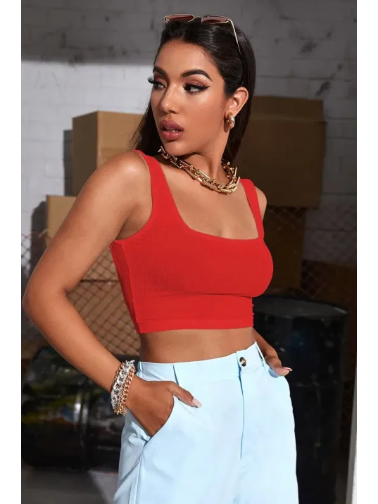 Kadın Kırmızı Kalın Askılı Crop Top Büstiyer – Modern Ve Şık Tasarım