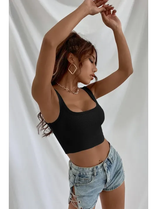 Kadın Siyah Kalın Askılı Crop Top Büstiyer – Modern Ve Şık Tasarım