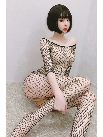 Kadın Siyah Geniş Fileli Özel Bölgesi Açık Fantezi Vücut Çorabı