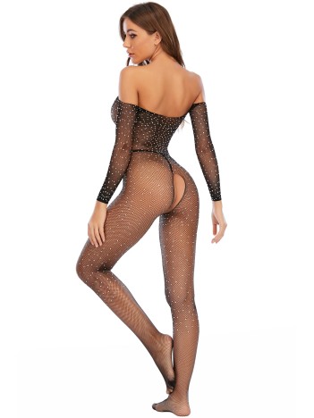 Kadın Siyah Taşlı Özel Bölgesi Açık Fantezi Vücut Çorabı