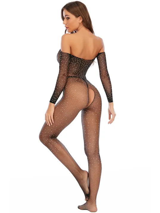 Kadın Siyah Taşlı Özel Bölgesi Açık Fantezi Vücut Çorabı