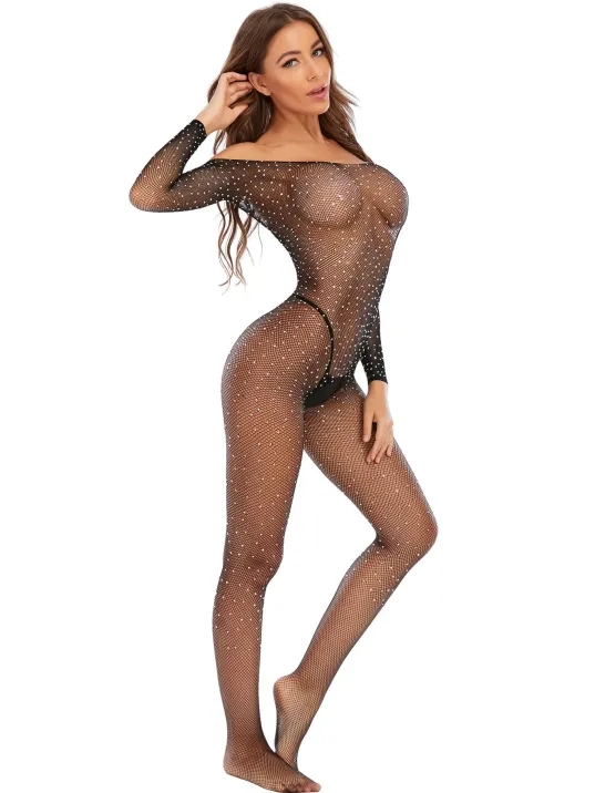 Kadın Siyah Taşlı Özel Bölgesi Açık Fantezi Vücut Çorabı