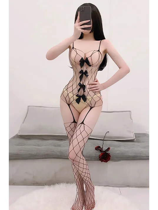 Kadın Siyah Geniş File Fiyonklu Fantezi Vücut Çorabı