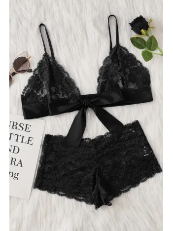 Kadın Siyah Dantelli & Kurdelalı Sütyen Külot Takımı