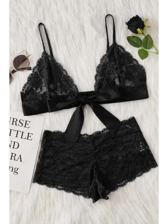 Kadın Siyah Dantelli & Kurdelalı Sütyen Külot Takımı