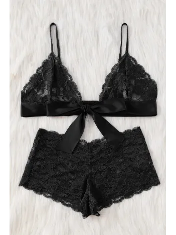 Kadın Siyah Dantelli & Kurdelalı Sütyen Külot Takımı