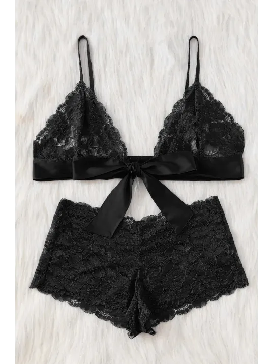 Kadın Siyah Dantelli & Kurdelalı Sütyen Külot Takımı