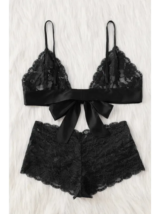 Kadın Siyah Dantelli & Kurdelalı Sütyen Külot Takımı