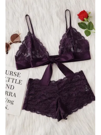 Kadın Mor Dantelli & Kurdelalı Sütyen Külot Takımı – Modern, Konforlu Ve Günlük Kombinlere Uygun