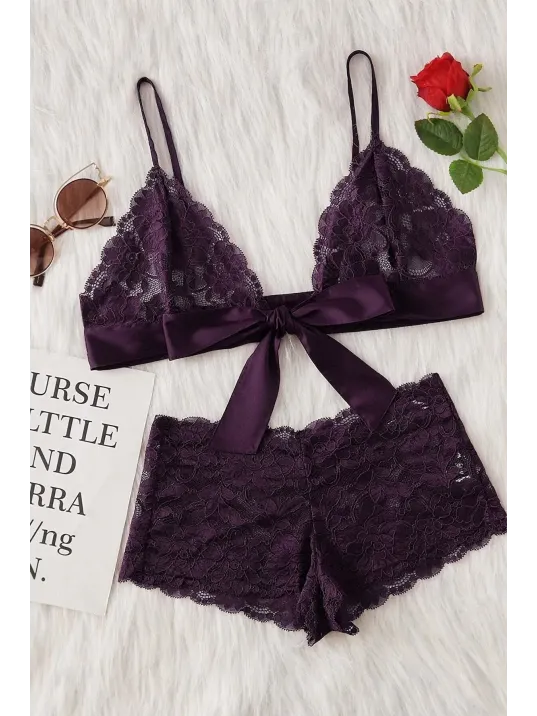 Kadın Mor Dantelli & Kurdelalı Sütyen Külot Takımı – Modern, Konforlu Ve Günlük Kombinlere Uygun