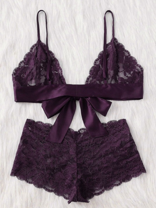 Kadın Mor Dantelli & Kurdelalı Sütyen Külot Takımı – Modern, Konforlu Ve Günlük Kombinlere Uygun