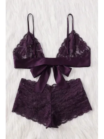 Kadın Mor Dantelli & Kurdelalı Sütyen Külot Takımı – Modern, Konforlu Ve Günlük Kombinlere Uygun