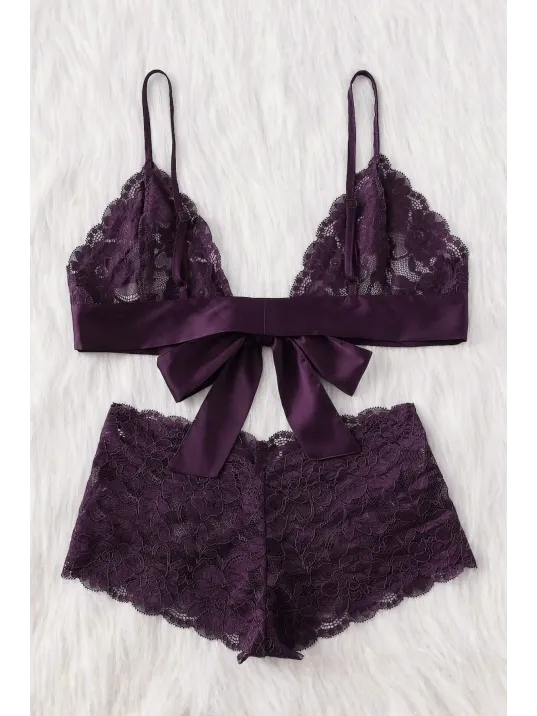 Kadın Mor Dantelli & Kurdelalı Sütyen Külot Takımı – Modern, Konforlu Ve Günlük Kombinlere Uygun