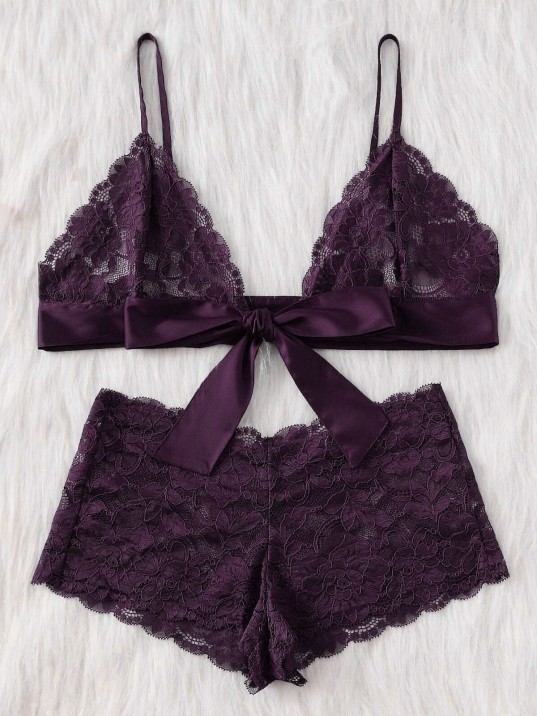Kadın Mor Dantelli & Kurdelalı Sütyen Külot Takımı – Modern, Konforlu Ve Günlük Kombinlere Uygun