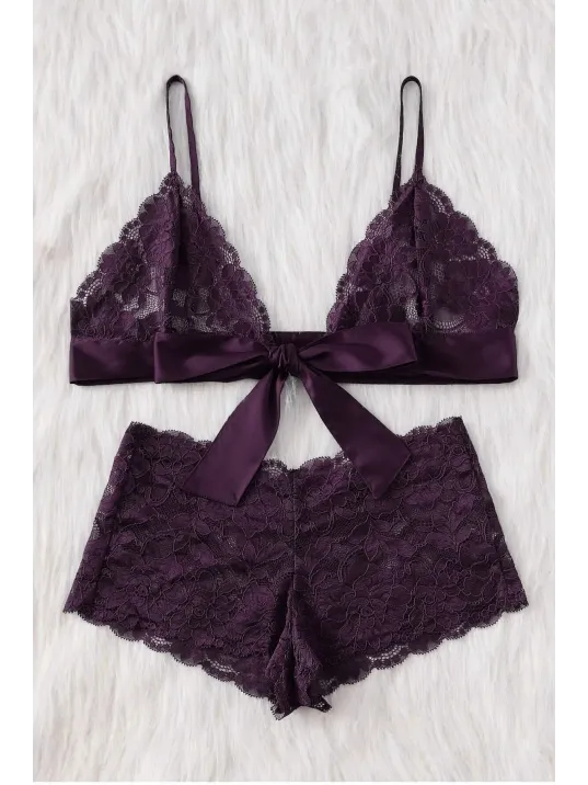Kadın Mor Dantelli & Kurdelalı Sütyen Külot Takımı – Modern, Konforlu Ve Günlük Kombinlere Uygun