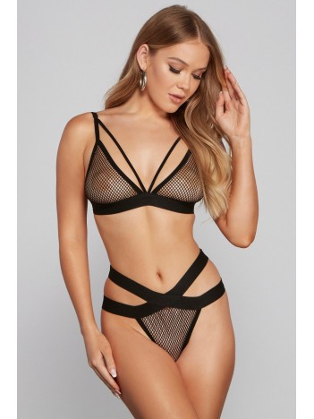 Kadın Siyah Fileli Beli Çapraz Lastikli Sütyen Takımı – Modern, Konforlu ve Günlük Kombinlere Uygun