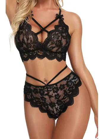 Siyah Çapraz Ip Detaylı Şık Sütyen Külot Takım