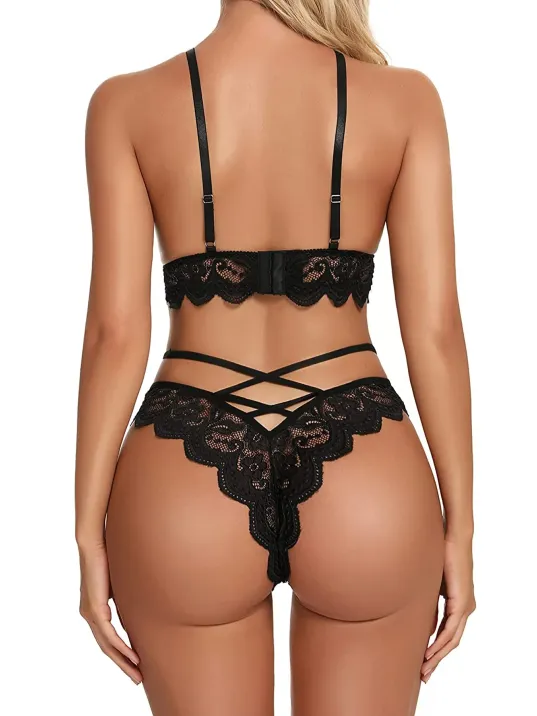 Siyah Çapraz Ip Detaylı Şık Sütyen Külot Takım