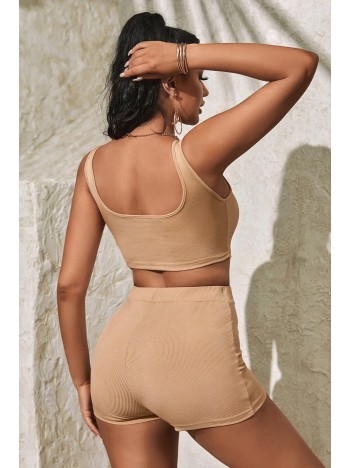 Kadın Krem Rengi Şortlu Crop Top Gecelik Takım – Modern, Konforlu Ve Günlük Kombinlere Uygun