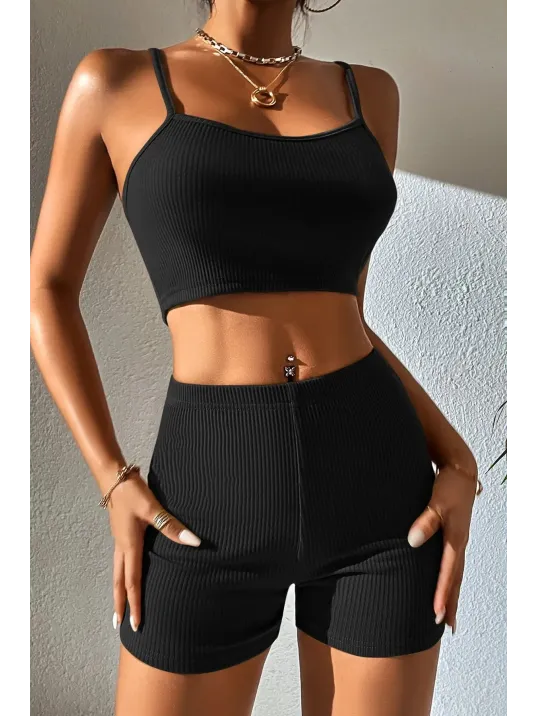 Kadın Siyah Şortlu Kaşkorse Gecelik Takım – Modern, Konforlu Ve Günlük Kombinlere Uygun