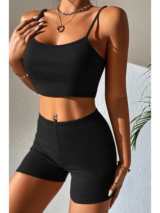 Kadın Siyah Şortlu Kaşkorse Gecelik Takım – Modern, Konforlu Ve Günlük Kombinlere Uygun