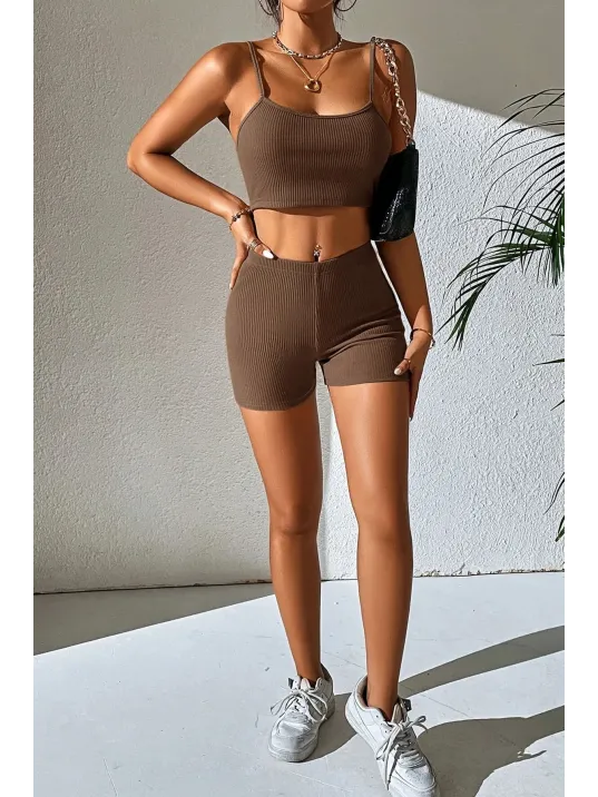 Kadın Kahverengi Şortlu Kaşkorse Gecelik Takım – Modern, Konforlu Ve Günlük Kombinlere Uygun
