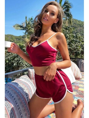 Kadın Bordo Askılı Crop Top Ve Şortlu Gecelik Takım – Modern, Konforlu Ve Günlük Kombinlere Uygun