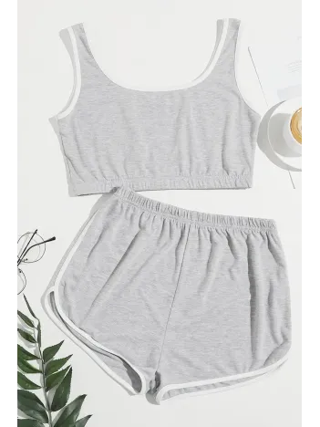 Kadın Gri Askılı Crop Top Ve Şortlu Gecelik Takım