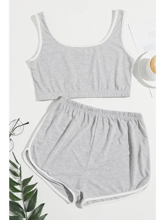 Kadın Gri Askılı Crop Top Ve Şortlu Gecelik Takım